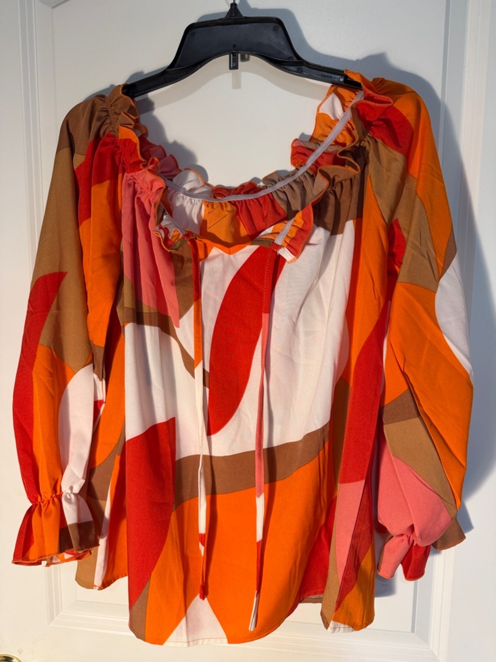 Women’s Colorblock Off-Shoulder Top in Orange and Pink - Picture 5 of 5